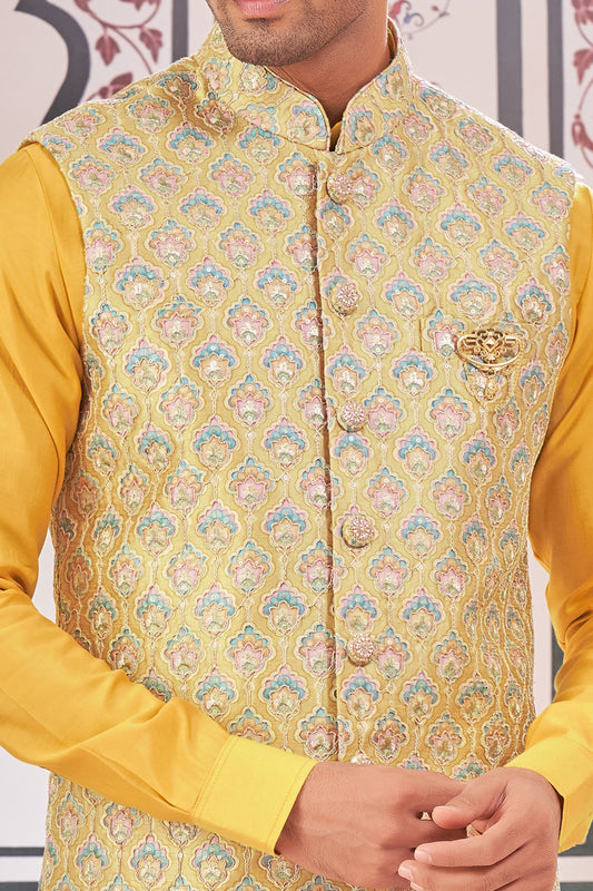 Yellow Art Silk Nehru Jacket (NMK-7988) - Nihal Fashions