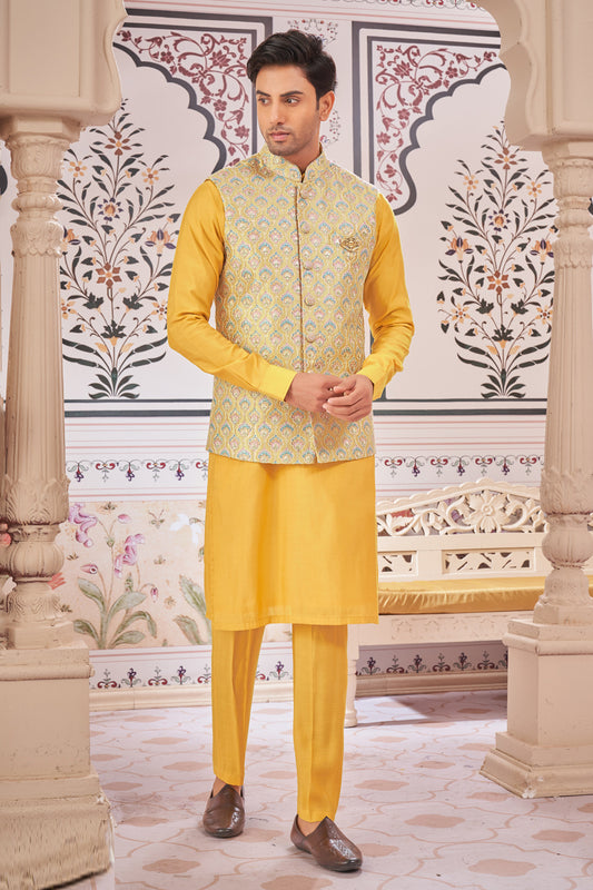 Yellow Art Silk Nehru Jacket (NMK-7988) - Nihal Fashions