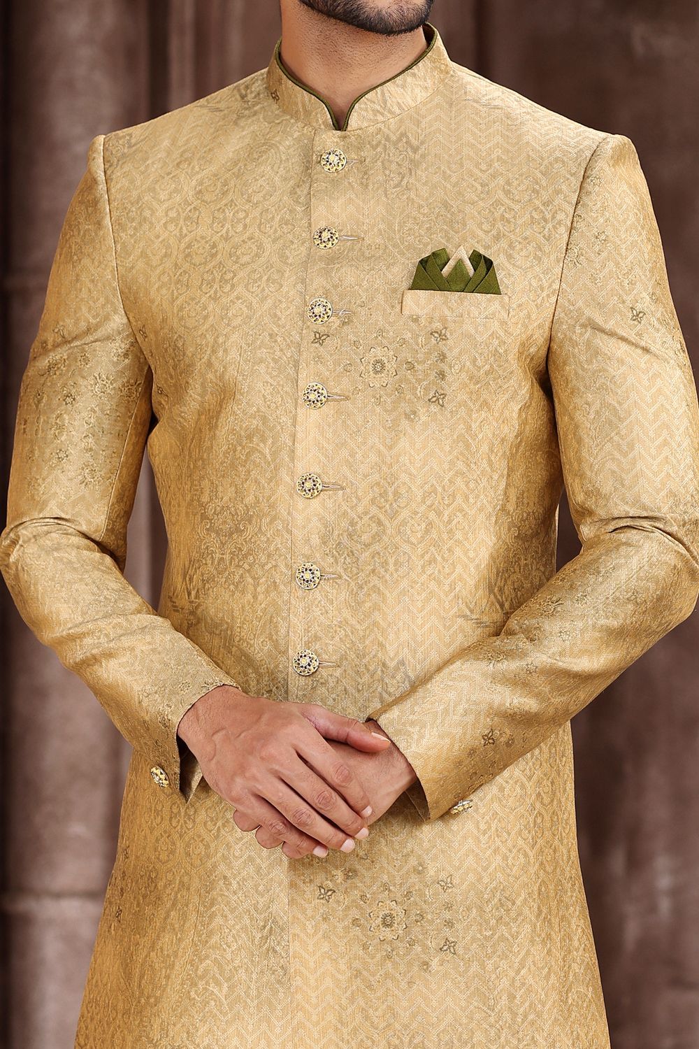 Yellow Art Silk Sherwani for Men (NMK-6870) - Nihal Fashions