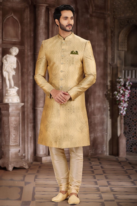 Yellow Art Silk Sherwani for Men (NMK-6870) - Nihal Fashions
