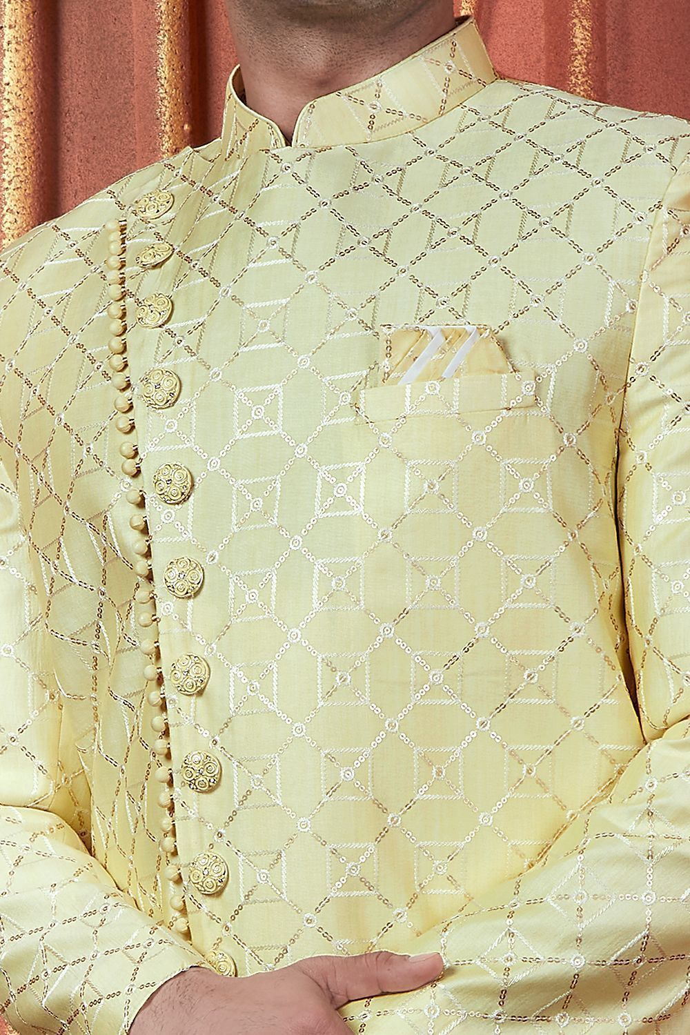 Yellow Art Silk Sherwani for Men (NMK-7732) - Nihal Fashions