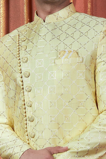 Yellow Art Silk Sherwani for Men (NMK-7732) - Nihal Fashions