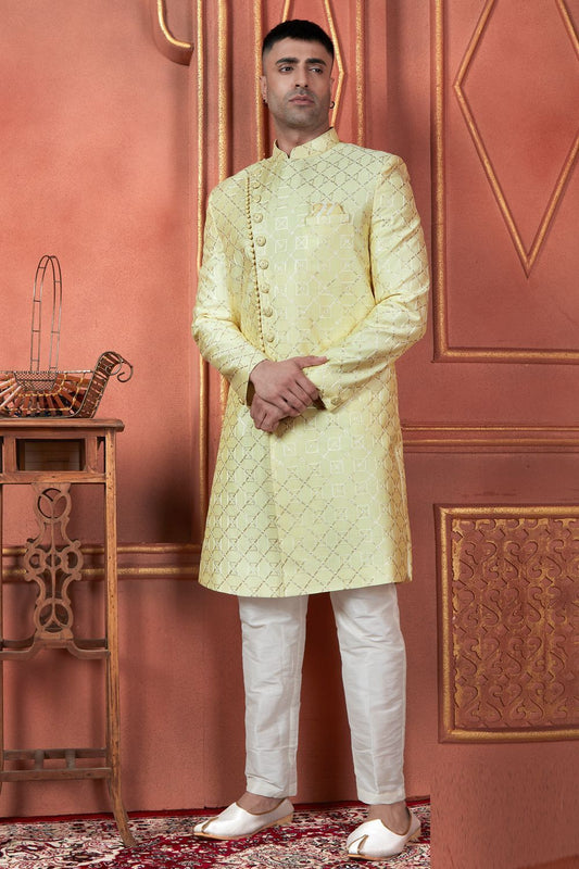 Yellow Art Silk Sherwani for Men (NMK-7732) - Nihal Fashions
