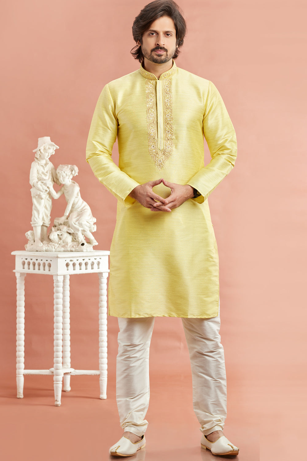 Yellow Banarasi Art Silk Kurta Pajama (NMK-7932) - Nihal Fashions