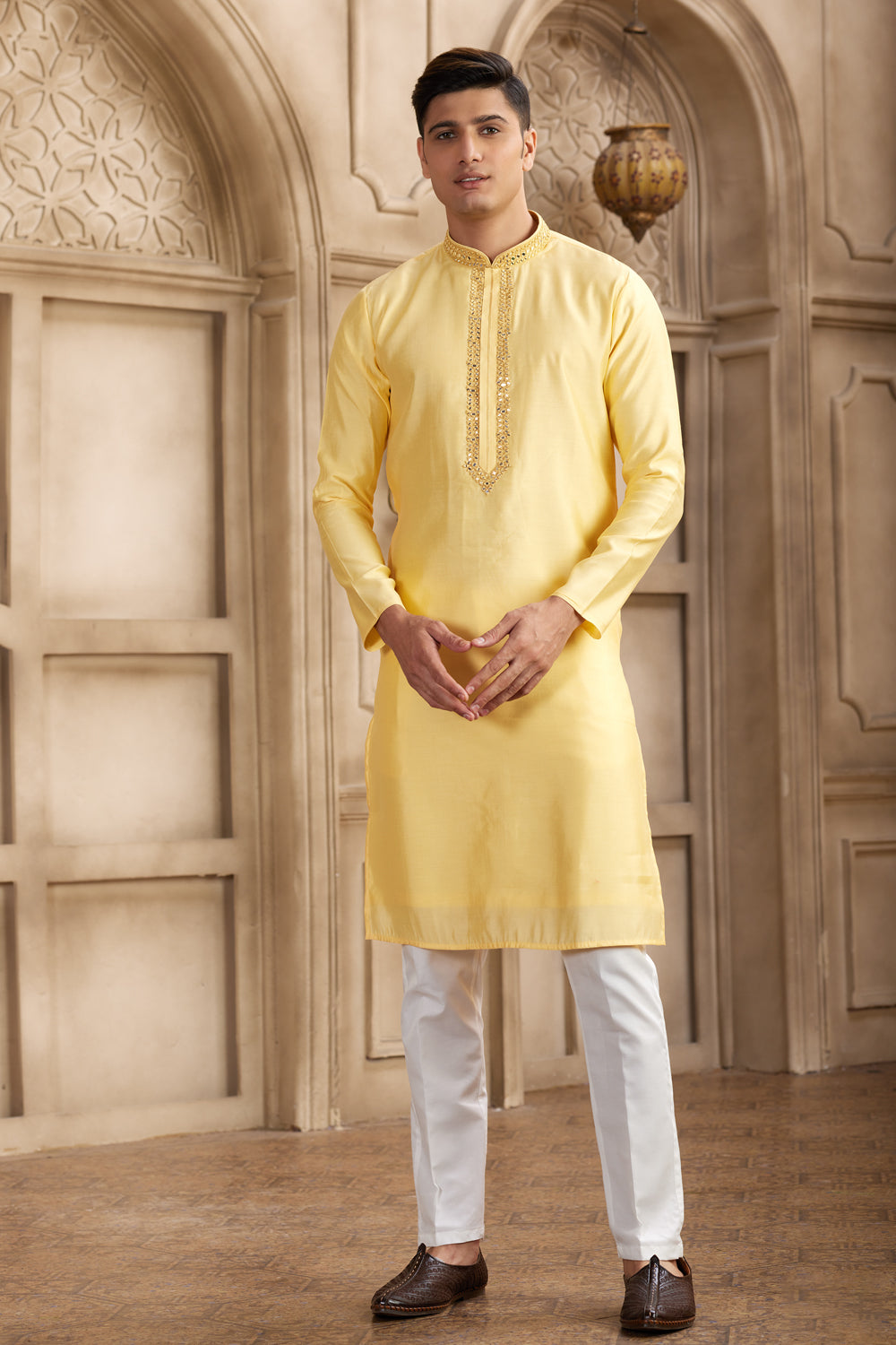 Yellow Banarasi Art Silk Kurta Pajama (NMK-8482) - Nihal Fashions