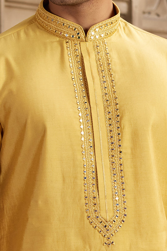 Yellow Banarasi Art Silk Mens Kurta Pajama (NMK-8485) - Nihal Fashions