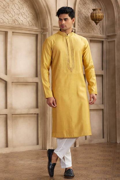 Yellow Banarasi Art Silk Mens Kurta Pajama (NMK-8485) - Nihal Fashions