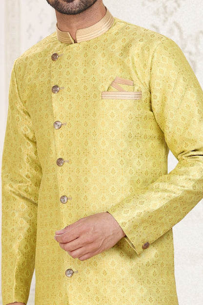 Yellow Banarasi Jaquard Indo Western for Men (NMK-6898) - Nihal Fashions