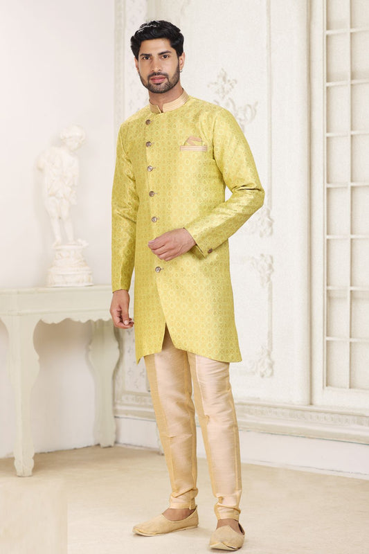 Yellow Banarasi Jaquard Indo Western for Men (NMK-6898) - Nihal Fashions