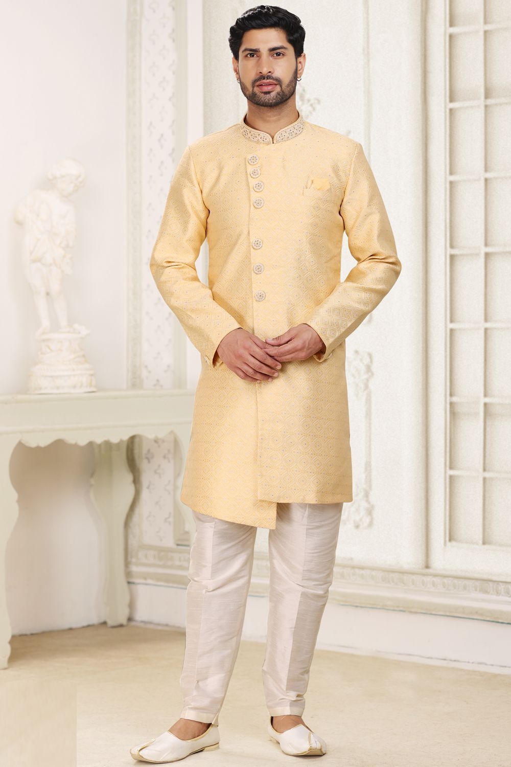 Yellow Banarasi Jaquard Indo Western (NMK-6881) - Nihal Fashions