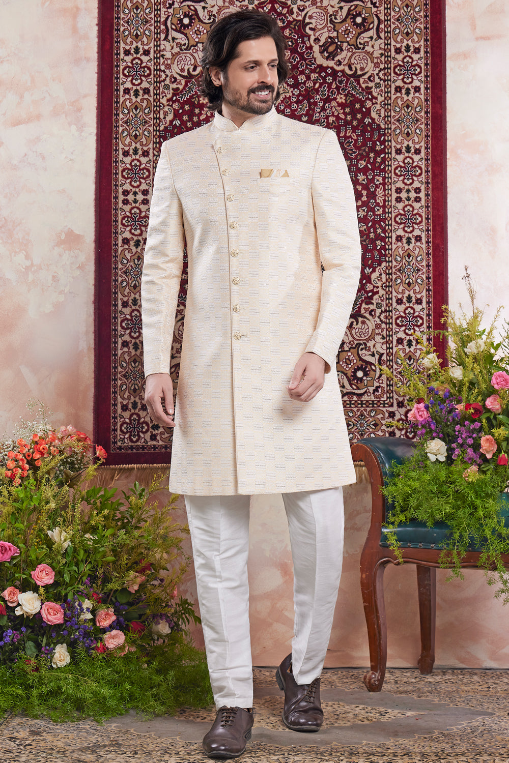 Yellow Banarasi Jaquard Indo Western (NMK-8559) - Nihal Fashions