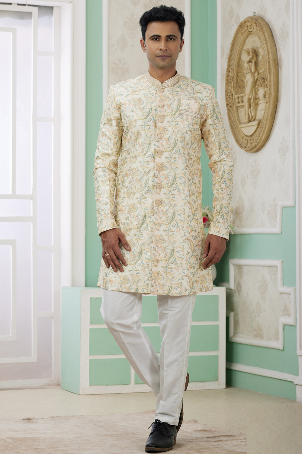 Yellow Banarasi Jaquard Indo Western (NMK-8584) - Nihal Fashions