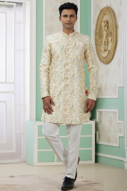 Yellow Banarasi Jaquard Indo Western (NMK-8584) - Nihal Fashions