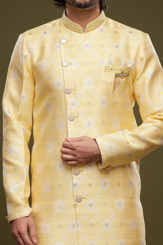 Yellow Banarasi Jaquard Mens Indo Western (NMK-6992) - Nihal Fashions