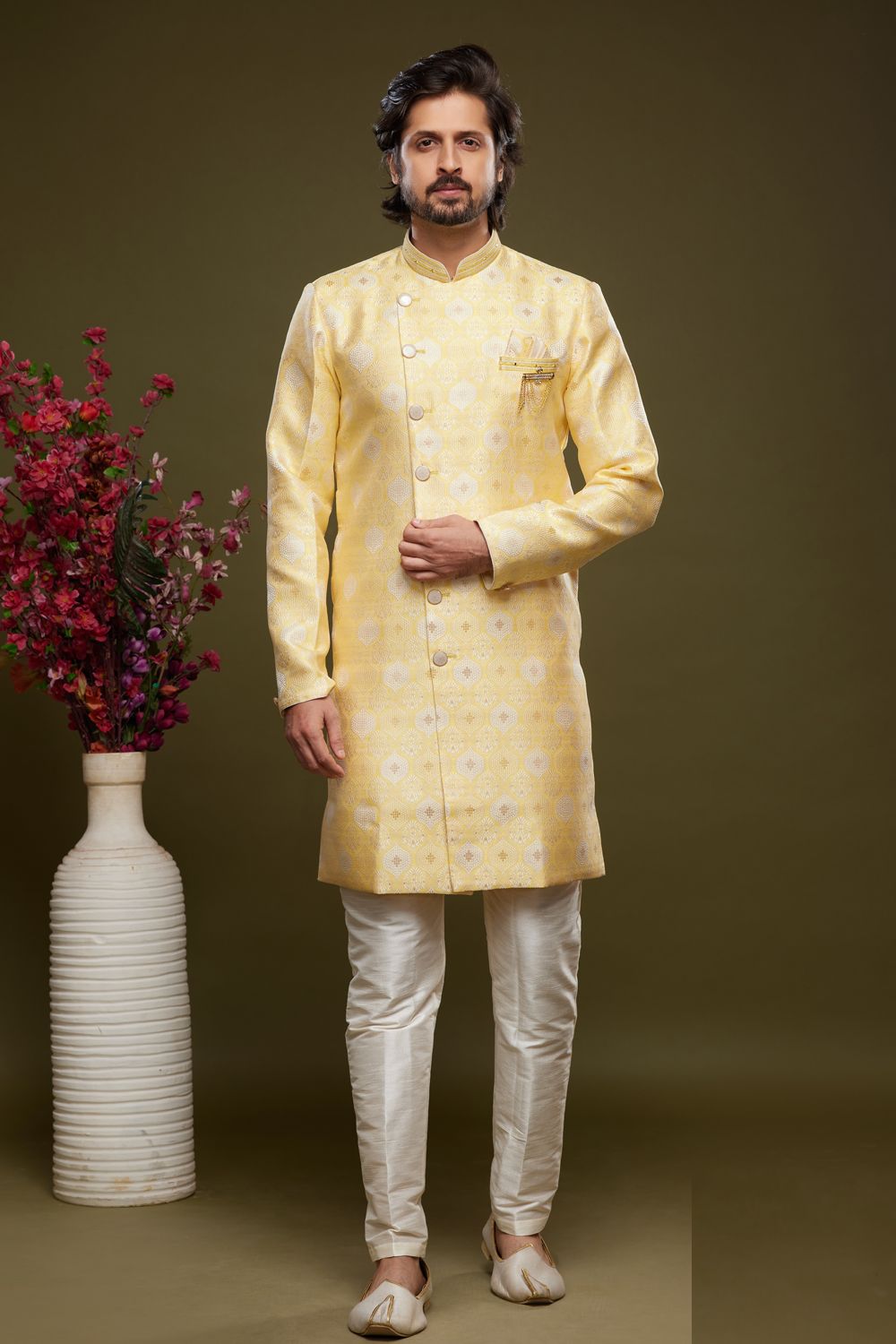 Yellow Banarasi Jaquard Mens Indo Western (NMK-6992) - Nihal Fashions