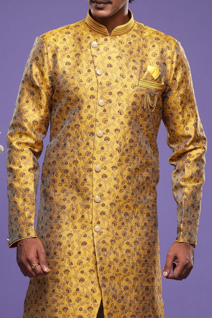 Yellow Banarasi Jaquard Mens Indo Western (NMK-7033) - Nihal Fashions