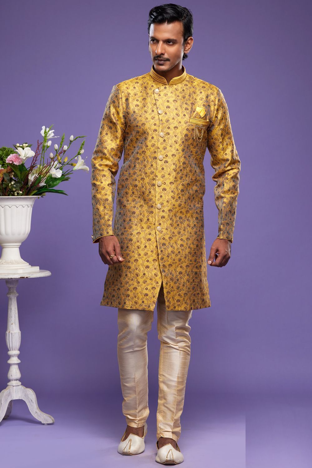 Yellow Banarasi Jaquard Mens Indo Western (NMK-7033) - Nihal Fashions