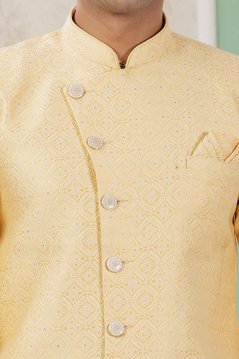 Yellow Banarasi Jaquard Mens Indo Western (NMK-8589) - Nihal Fashions