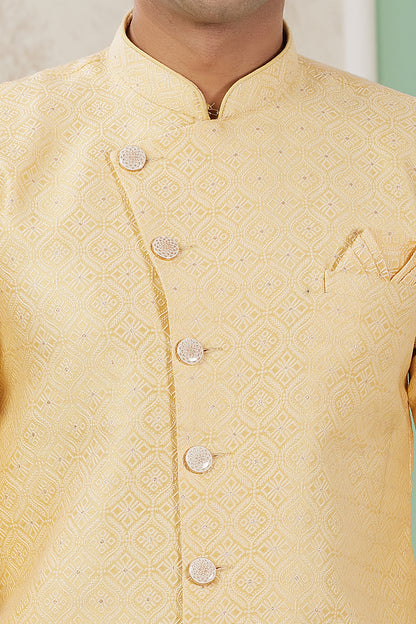 Yellow Banarasi Jaquard Mens Indo Western (NMK-8589) - Nihal Fashions