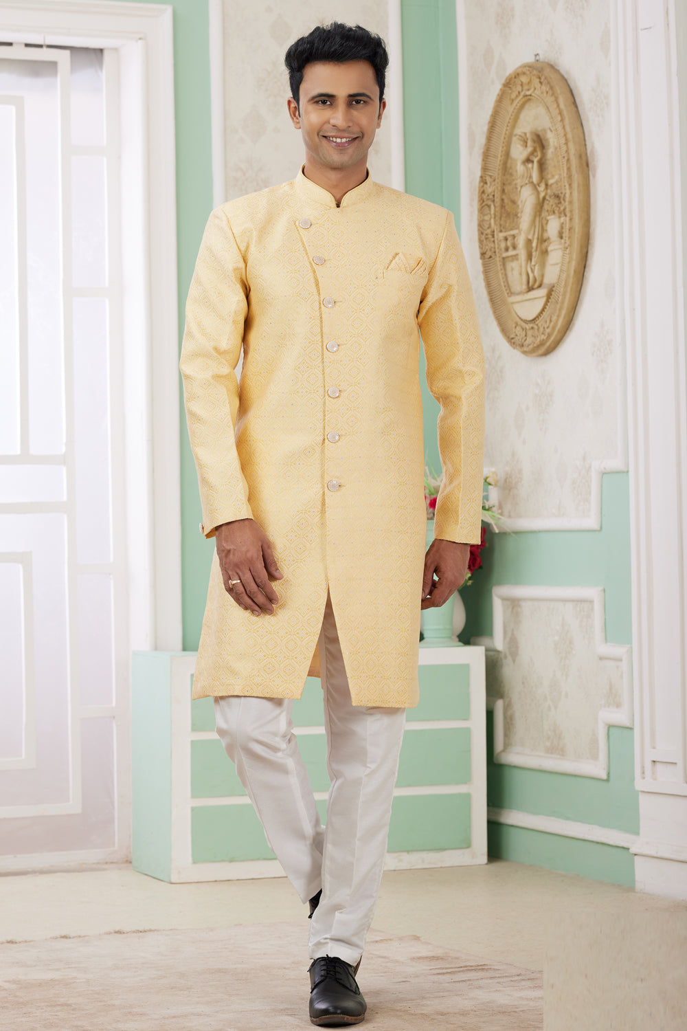 Yellow Banarasi Jaquard Mens Indo Western (NMK-8589) - Nihal Fashions
