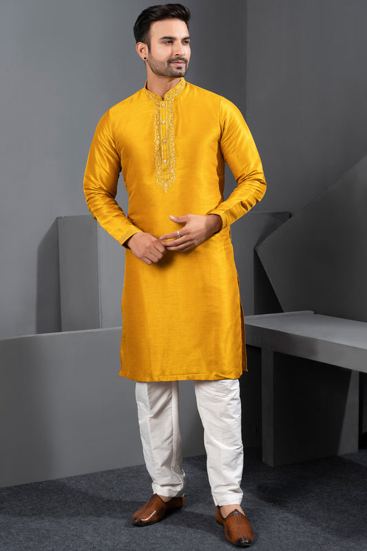 Yellow Banglori Silk Kurta Pajama (NMK-8714) - Nihal Fashions