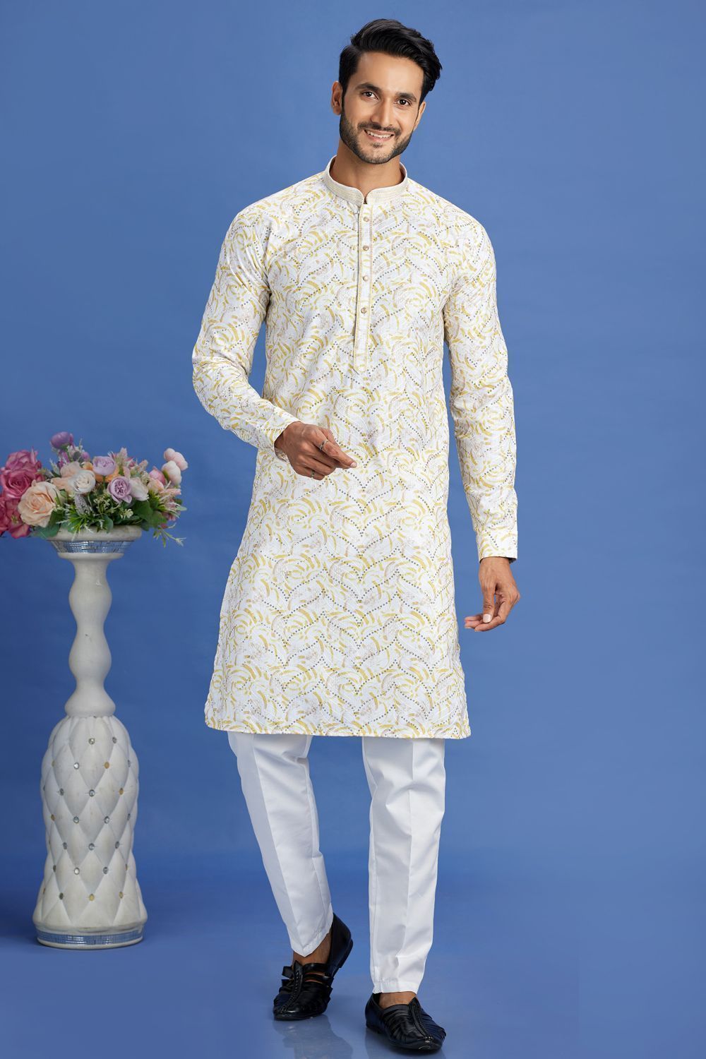 Yellow Cotton Embroidered Kurta Pajama (NMK-7522) - Nihal Fashions