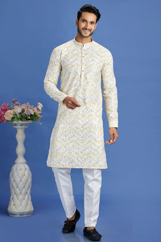 Yellow Cotton Embroidered Kurta Pajama (NMK-7522) - Nihal Fashions