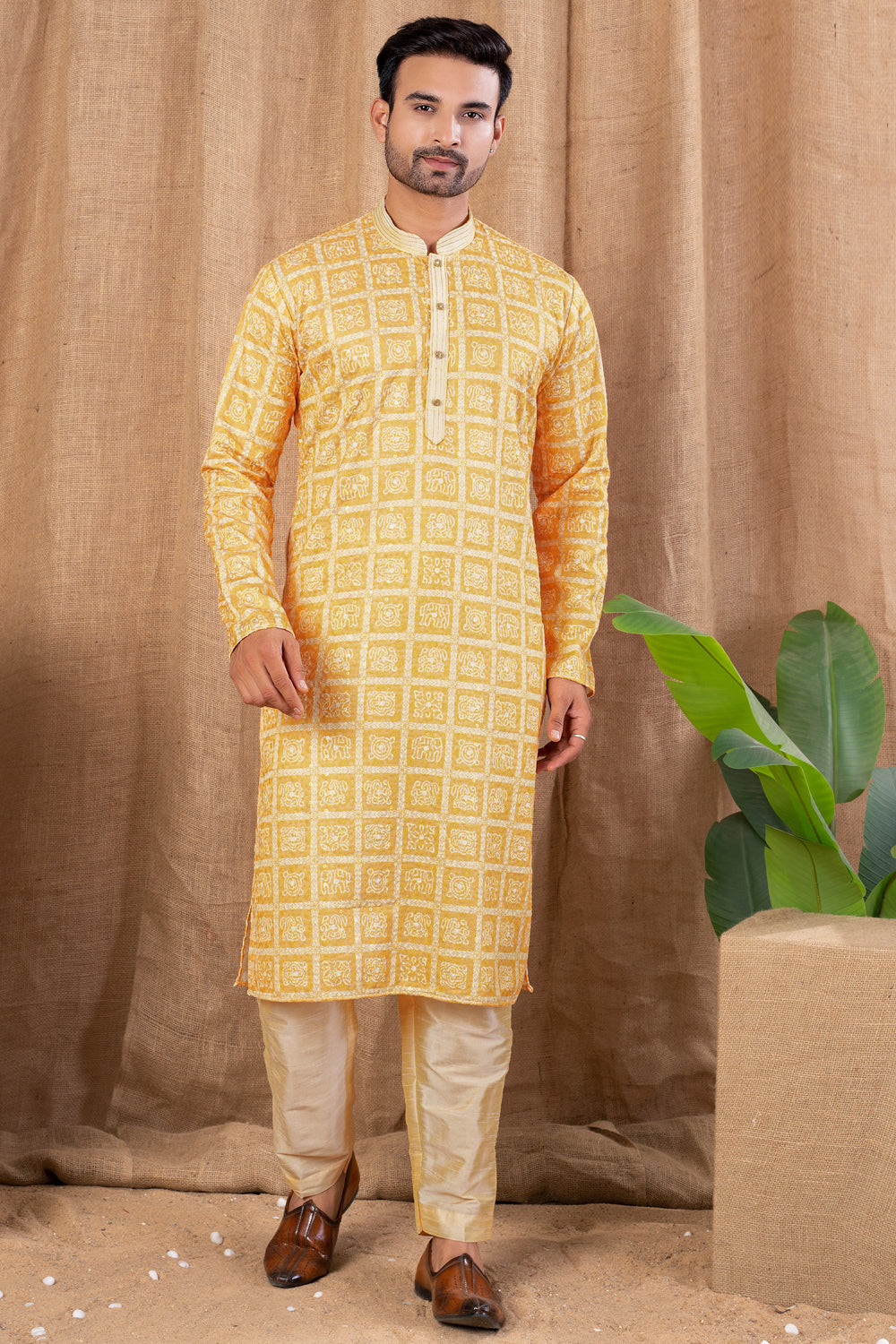 Yellow Cotton Kurta Pajama (NMK-8522) - Nihal Fashions
