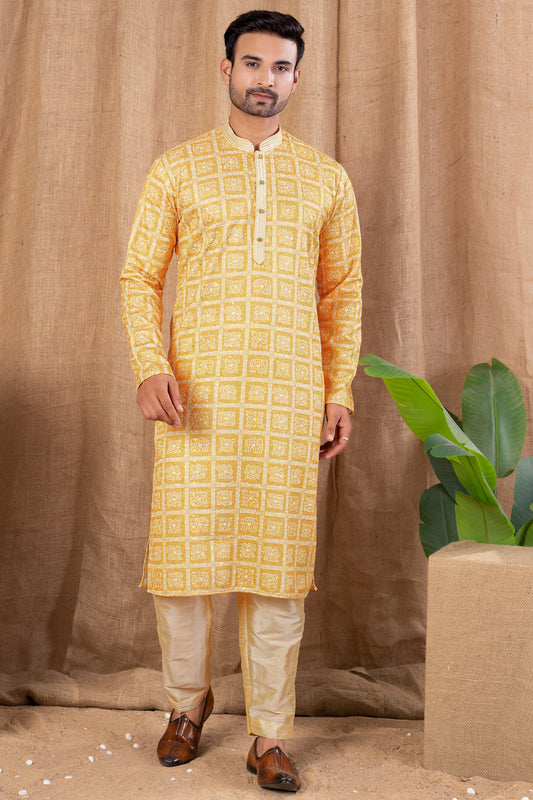 Yellow Cotton Kurta Pajama (NMK-8522) - Nihal Fashions