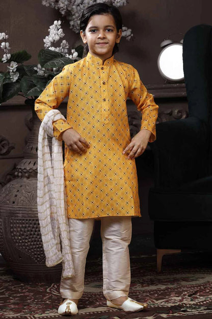 Yellow Cotton Printed Boys Kurta (NKK-744)