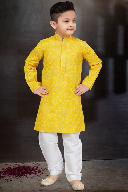 Yellow Cotton Printed Boys Kurta Pajama (NKK-772) - Nihal Fashions