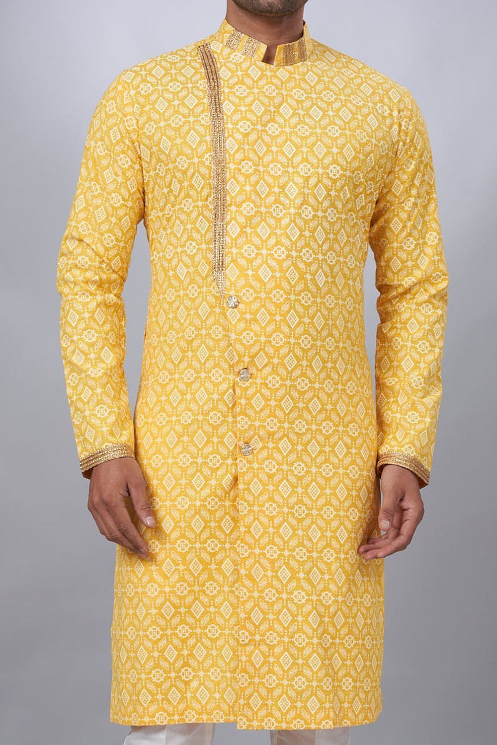 Yellow Cotton Printed Indo Western for Men (NMK-6944) - Nihal Fashions
