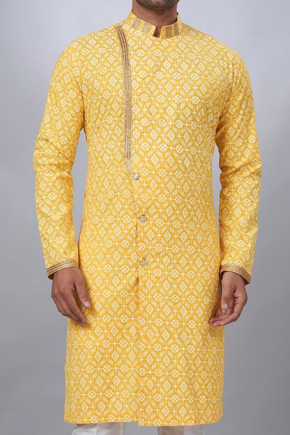 Yellow Cotton Printed Indo Western for Men (NMK-6944) - Nihal Fashions