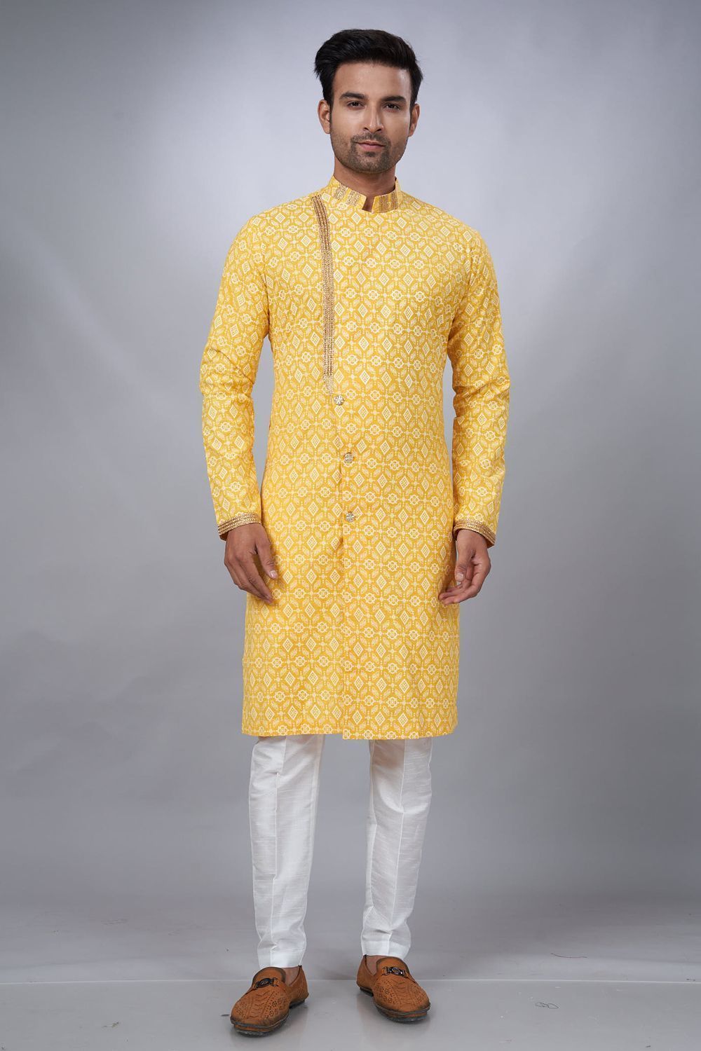 Yellow Cotton Printed Indo Western for Men (NMK-6944) - Nihal Fashions