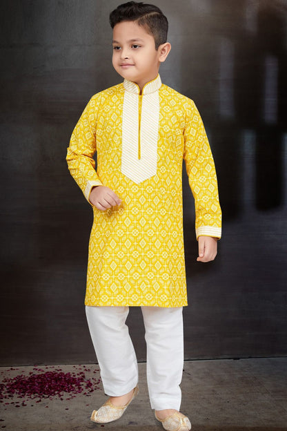 Yellow Cotton Printed Kurta for Boys (NKK-775) - Nihal Fashions
