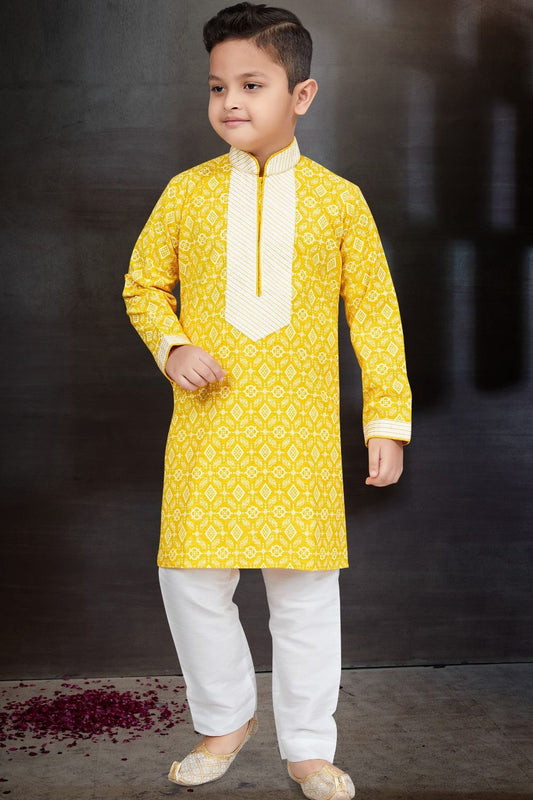 Yellow Cotton Printed Kurta for Boys (NKK-775) - Nihal Fashions
