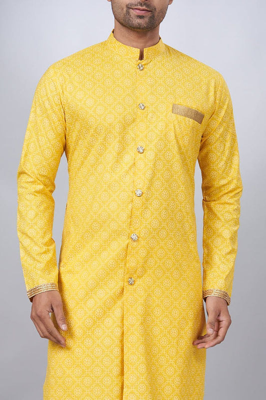 Yellow Cotton Printed Mens Indo Western (NMK-6940) - Nihal Fashions