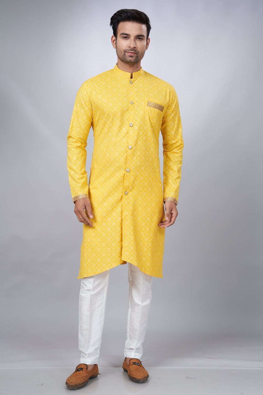 Yellow Cotton Printed Mens Indo Western (NMK-6940) - Nihal Fashions