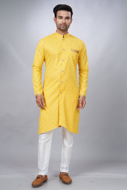 Yellow Cotton Printed Mens Indo Western (NMK-6940) - Nihal Fashions