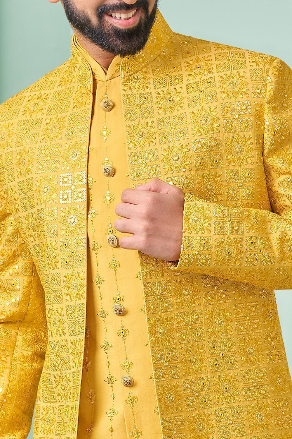 Yellow Embroidered Art Silk Indo Western (NMK-7643) - Nihal Fashions