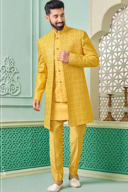 Yellow Embroidered Art Silk Indo Western (NMK-7643) - Nihal Fashions