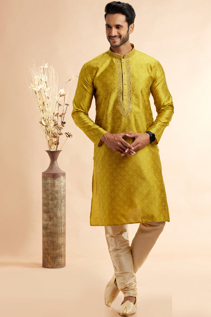 Yellow Jaquard Art Silk Kurta Pajama (NMK-7907) - Nihal Fashions