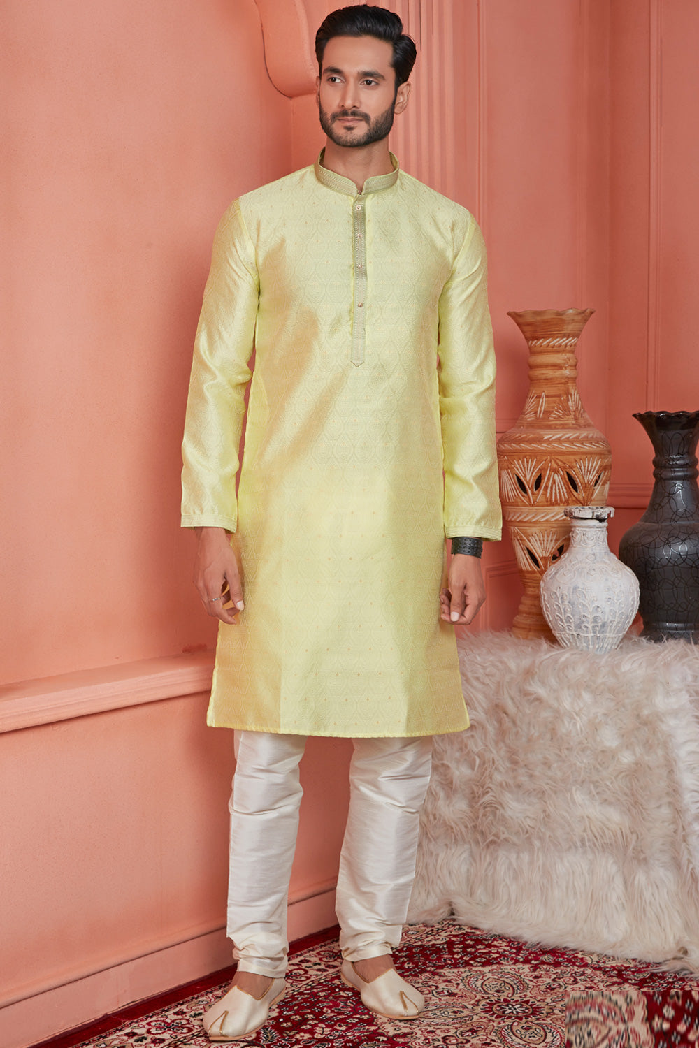 Yellow Jaquard Banarasi Silk Mens Kurta (NMK-8164) - Nihal Fashions
