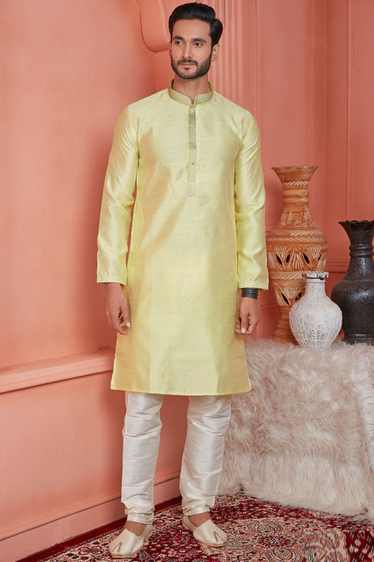 Yellow Jaquard Banarasi Silk Mens Kurta (NMK-8164) - Nihal Fashions