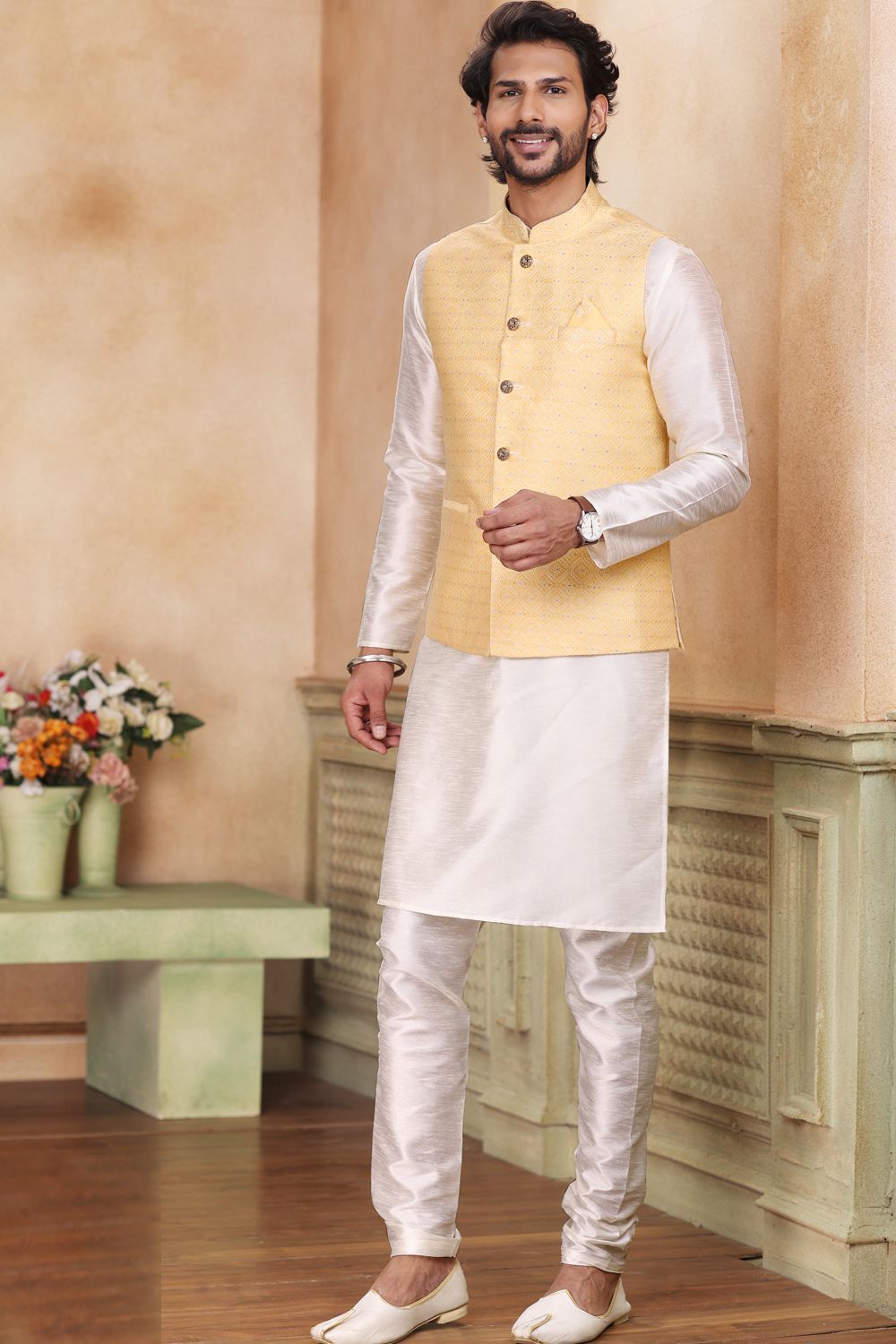Yellow Jaquard Banarasi Silk Mens Nehru Jacket (NMK-6912) - Nihal Fashions