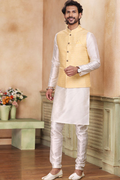 Yellow Jaquard Banarasi Silk Mens Nehru Jacket (NMK-6912) - Nihal Fashions