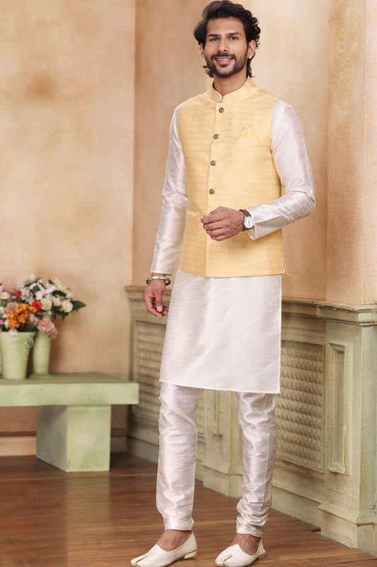 Yellow Jaquard Banarasi Silk Mens Nehru Jacket (NMK-6912) - Nihal Fashions