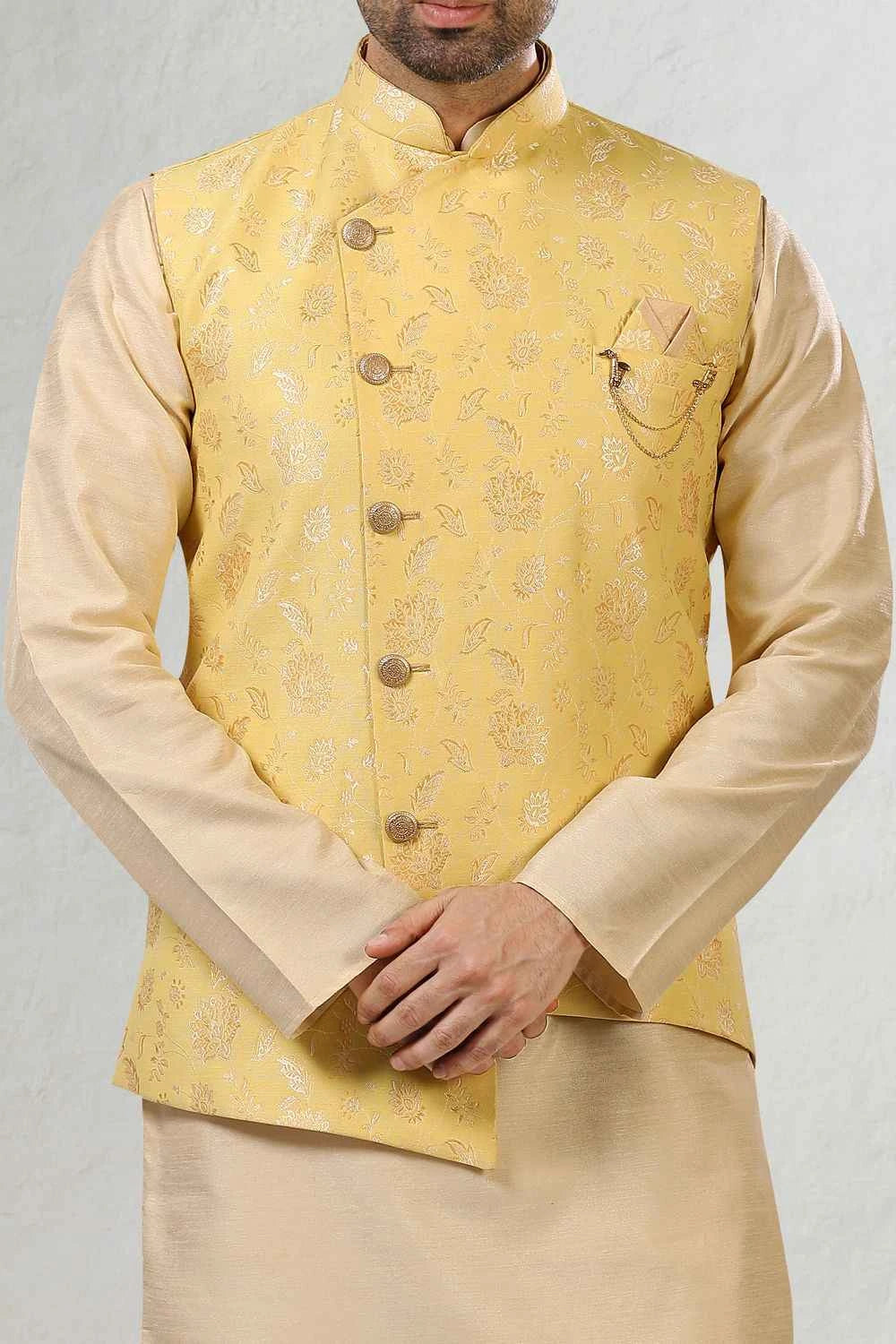 Yellow Jaquard Banarasi Silk Nehru Jacket (NMK-5202)