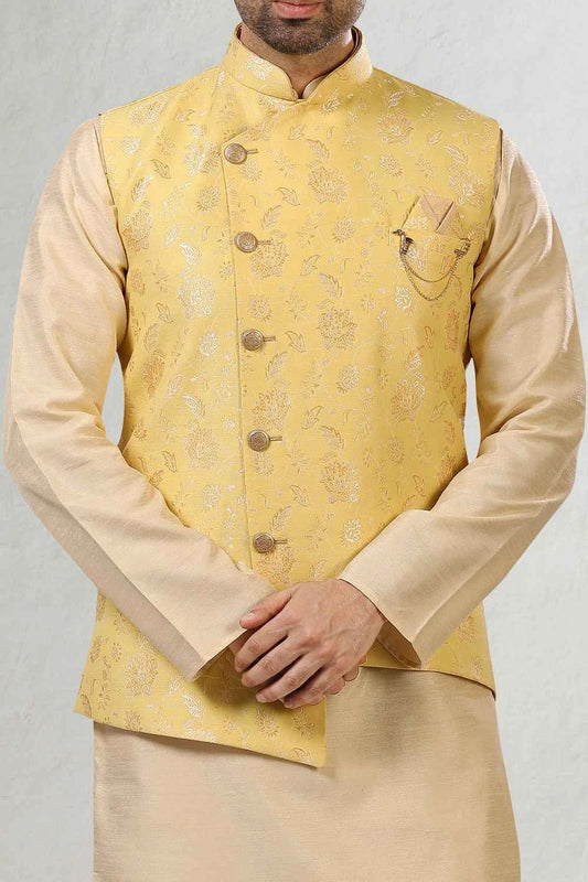 Yellow Jaquard Banarasi Silk Nehru Jacket (NMK-5202)