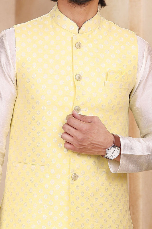 Yellow Jaquard Banarasi Silk Nehru Jacket (NMK-7459) - Nihal Fashions